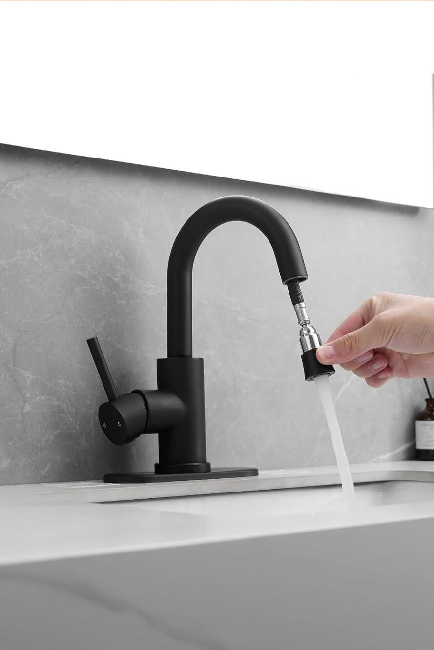 Black Sink Faucet Pull-Out Sprayer Pop-Up Drain 360° Swivel Deck Plate, New/OB